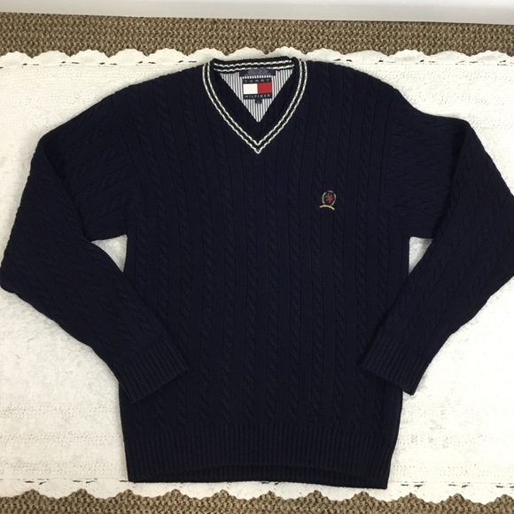 TOMMY HILFIGER Heavy Cable Knit Fisherman Style V Neck Pull On Sweater L - Picture 1 of 10